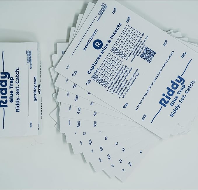Riddy Glue Boards, 12 Boards, Pre-Baited, Ready to Use Mouse Traps Indoor for Home, Sticky Adhesive for Bugs and Rodents, 5.5" x 7.5"
