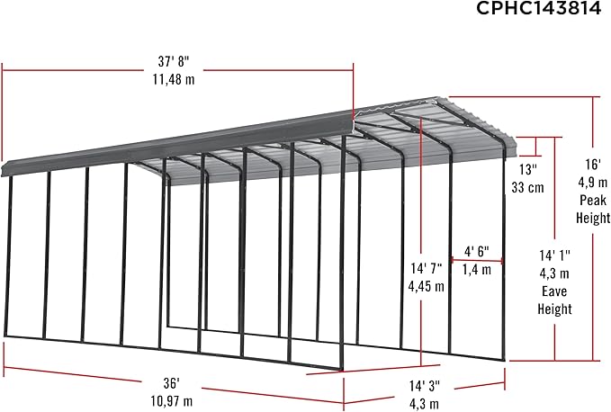 Arrow Carports Galvanized Steel Carport, RV Metal Carport Kit, 14' x 38' x 14', Charcoal
