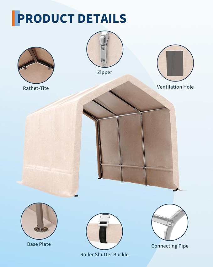 7X15 FT Heavy-Duty Portable Outdoor Storage Shed with Roll-Up Zipper Door & Vent, 240g Waterproof Carport Storage Shelter, UV-Resistant Canopy for Motorcycle, Firewood, Tools -Gray ﻿