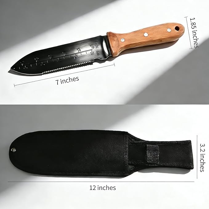 Hori Hori Garden Knife -Stainless Steel Blade with Oxford Sheath, Multi-Purpose Gardening Tool for Weeding, Digging, Planting, Cutting, Ergonomic Wooden Handle with Hanging Hole Gardening Hand Tools