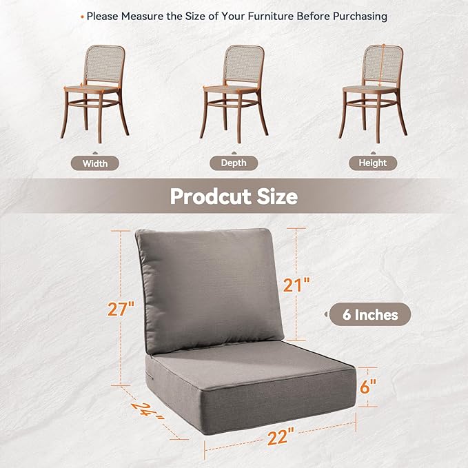 6" Thick Outdoor Cushions 22x24x6, 2-Set Deep Seat Patio Cushions with Removable Cover, Waterproof & Fade Resistant Replacement for Wicker Chair, Loveseat, Sofa - Grey