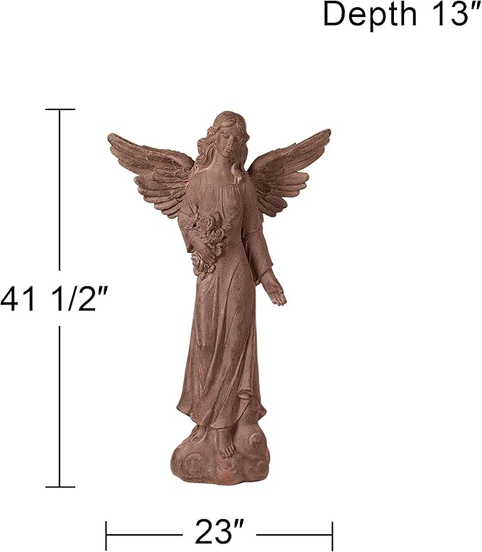 John Timberland Large Tall English Tudor Angel Garden Statue Sculpture Catholic Religious Holy Decor Outdoor Garden Front Porch Patio Yard Outside Home House Iron Rust Finish Resin 41 1/2" High