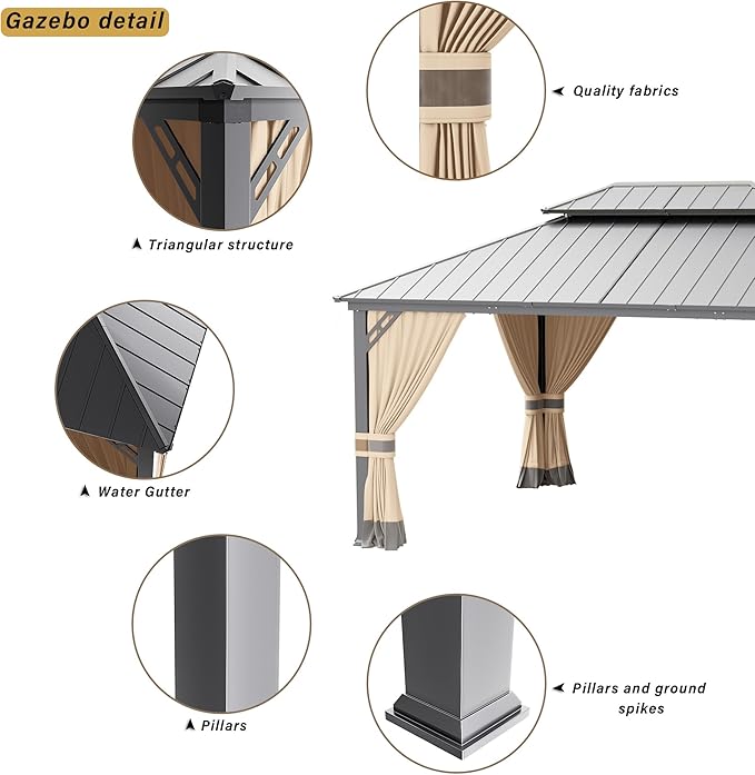 12’x20’ Hardtop Gazebo Outdoor Aluminum Frame Permanent Gazebo Galvanized Steel Double Roof Gazebos with Nettings and Curtains for Patio, Lawns,Backyard, Deck(Brown)