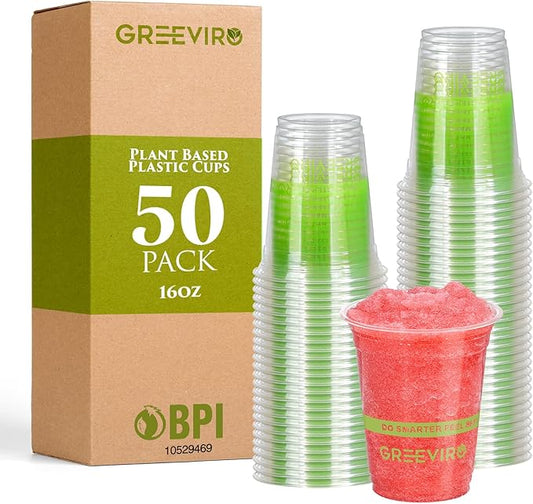 GREEVIRO Eco Compostable Plant-Based Clear Plastic Cups 16oz Thick, Reusable, Disposable Iced Coffee Cups for Smoothies, Beer & Any Beverages for Parties, Weddings & Gatherings (16oz)