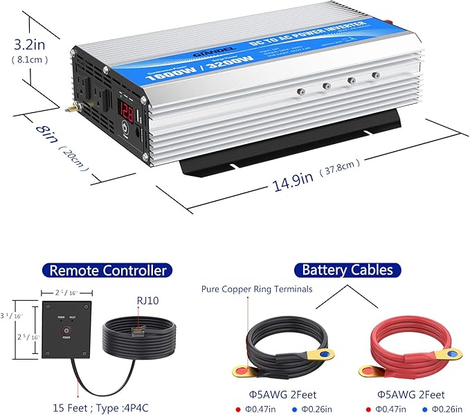1600Watt Power Inverter Modified Wave DC 12volt to AC 120volt with Remote Control & LED Display and 2.4A USB Port for Trucks Boats RV & Emergency