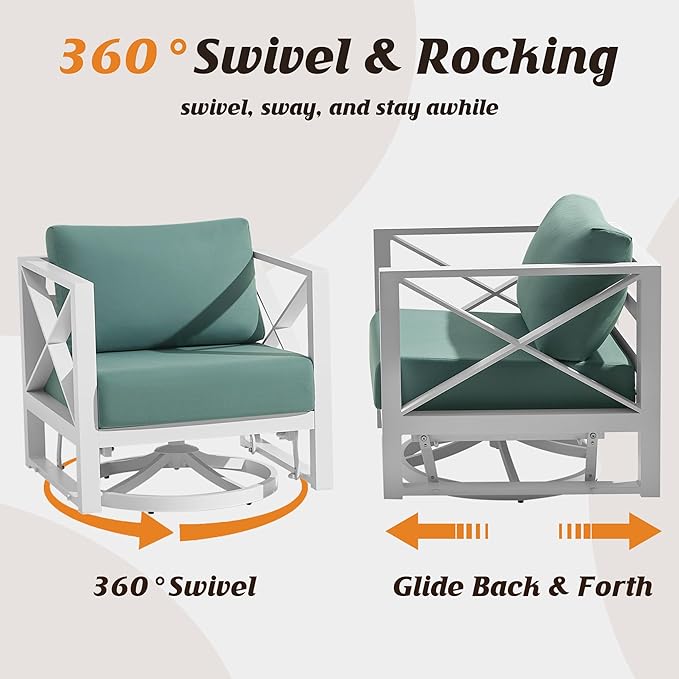 Aluminum Patio Furniture Set,5-Seats Patio Sectional Conversation Sofa with 6" All-Weather Cushions and 2 Swivel Rocking Chairs,Outdoor Furniture Set for Deck, Porch, Garden (White)