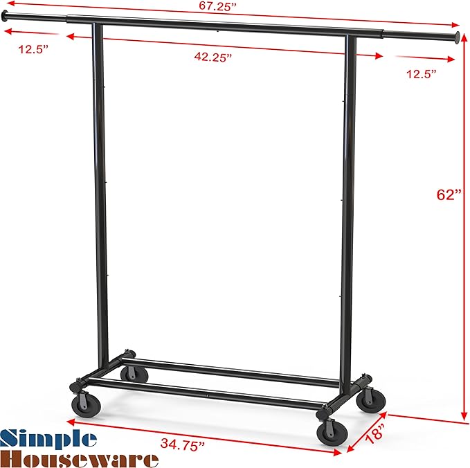 Simple Houseware Heavy Duty Clothing Garment Rack, Holds Up to 150 lbs, 42 to 67 Inches Extensible Rod, Black