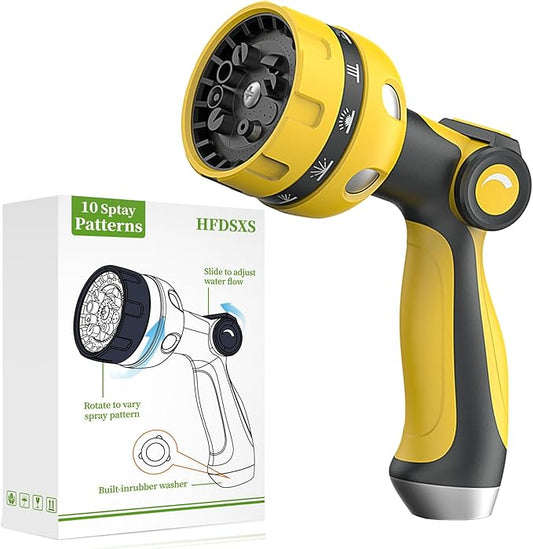 Garden Hose Nozzle, Heavy Duty Water Hose High Pressure Sprayer with 10 Watering Patterns, Thumb Control On Off Valve, for Watering outdoor Plants & Lawn, Car & Pet Washing（Yellow）