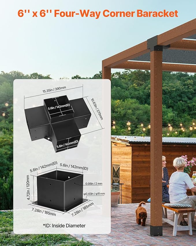 VEVOR Pergola Bracket Kit, 6x6 Inch (Inner Size 5.5x5.5), 2 Pcs 4-Way Heavy Duty Corner Bracket Woodworks DIY Post Base Kit, Easy Installation Wooden Beams for Gazebos, Patio Pergolas, Log Cabin