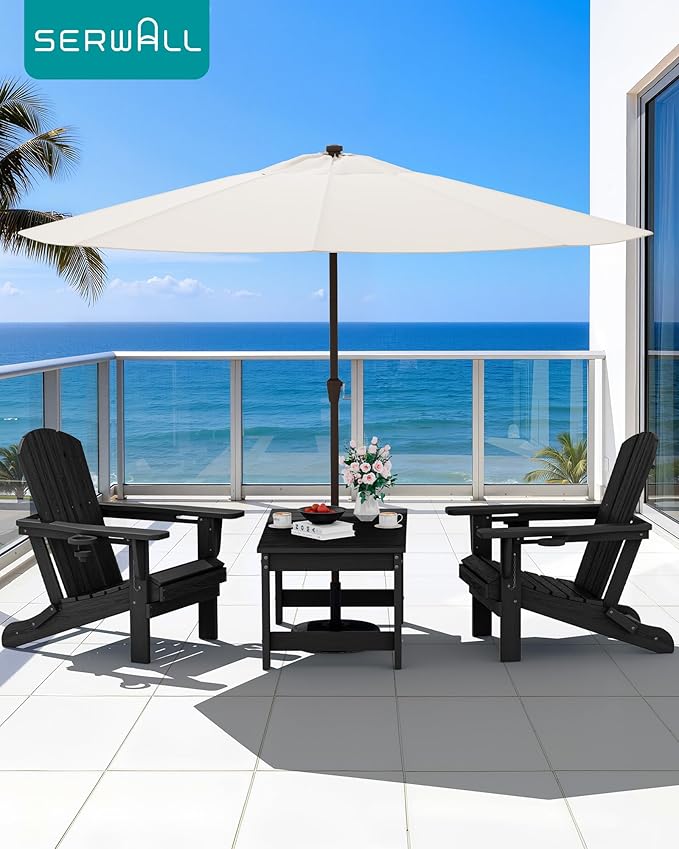 SERWALL Outdoor Coffee Table with 1.69" Umbrella Hole, HDPE Patio Coffee Table for Outside, Rectangle, Black