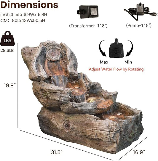 31.5" L Garden Water Fountain Indoor/Outdoor, Artifical Imitation Wood Outdoor Water Fountain Natural Waterfall with LED Lights for Patio,Porch,Backyard,Home Art Decor Big Clearance