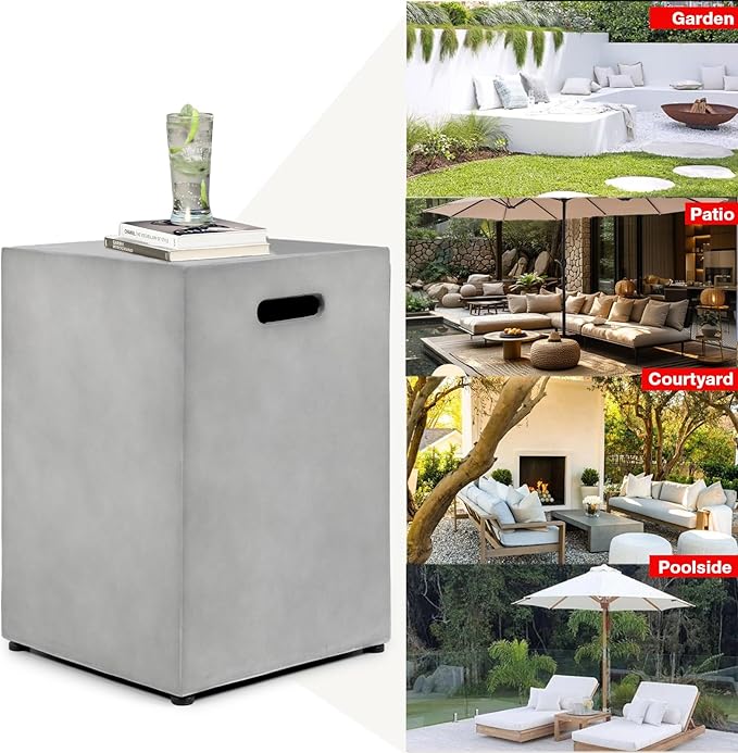 Propane Tank Cover Table, Modern Outdoor Gas Tank Covers, 16 X 20inch Square Concrete Tank Storage Box Hideaway Table for Propane Gas Fire Pit, Tank Holder with Handles (Gray)