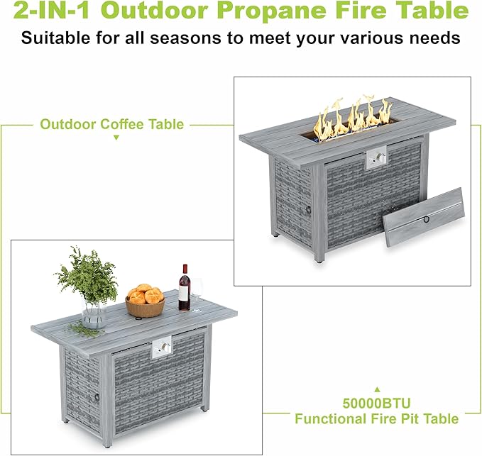 Outdoor Fire Pit Table Propane Gas Fire pits &Outdoor Fireplaces 43″ Rectangular Firepit Table, 50,000 BTU Fire Table for Patio Set (Light Gray)