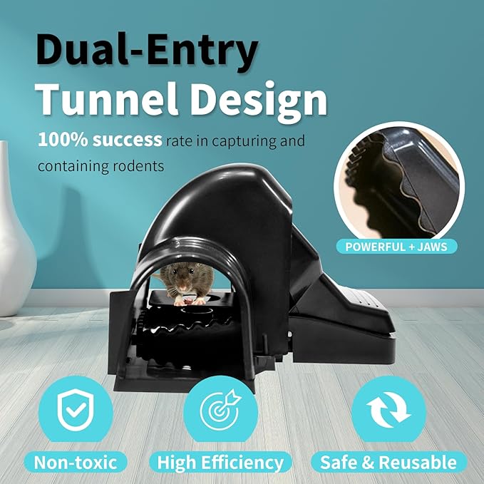 Large Rat Trap, Humane Dual-Entry Tunnel Traps for Rat, Mice & Chipmunks, Instant Kill Rodent Snap Trap with Sensitive Trigger and Powerful Jaws, for Both Indoor & Outdoor,Pack of 4