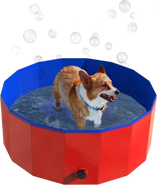 Foldable Dog Pool - 30.5x12in Pet Pool - Durable PVC Outdoor Pool with Drain for Grooming, Bathing, or Play - Kiddie Pool for Dogs by PETMAKER (Red)