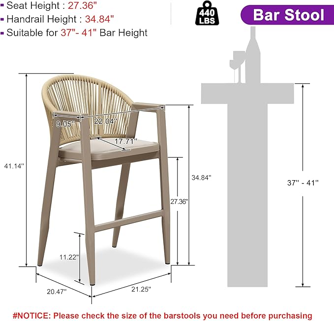 PURPLE LEAF Outdoor Bar Stool Set of 4 Wicker Bar Stools Rattan Bar Height Stool Bar Chairs Aluminum Barstool for Patio Kitchen Island Lawn Champagne