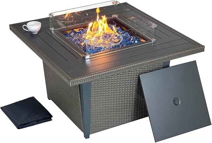 Kinger Home Ethan Rattan 42-Inch Propane Gas Fire Pit Table, Outdoor Patio Firepit, 50,000 BTU, CSA Certified, Includes Wind Guard & Fire Glass