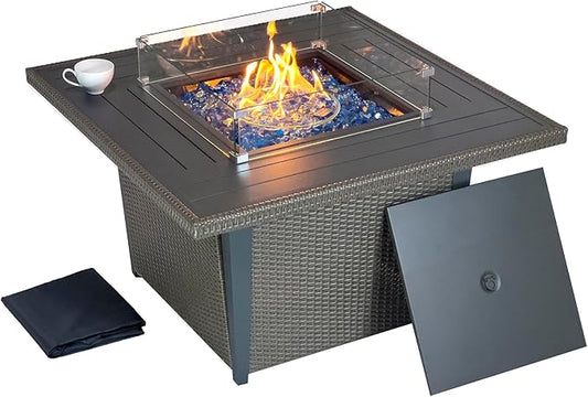 Kinger Home Ethan Rattan 42-Inch Propane Gas Fire Pit Table, Outdoor Patio Firepit, 50,000 BTU, CSA Certified, Includes Wind Guard & Fire Glass