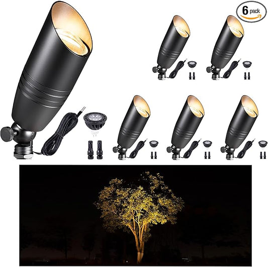 Gardenreet Low Voltage Spot Lights - Black Solid Brass Landscape Spotlight Wired, 12V Outdoor LED Bullet Uplights, Waterproof Electric for Patio Wall with 2700K Warm White MR16 Bulb (6 Pack)