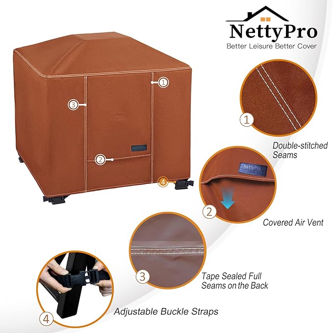 NettyPro Fire Pit Cover Square Waterproof Outdoor Firepit Cover for Gas Propane Fire Pit Table, 32 x 32 x 24 inch, Brown