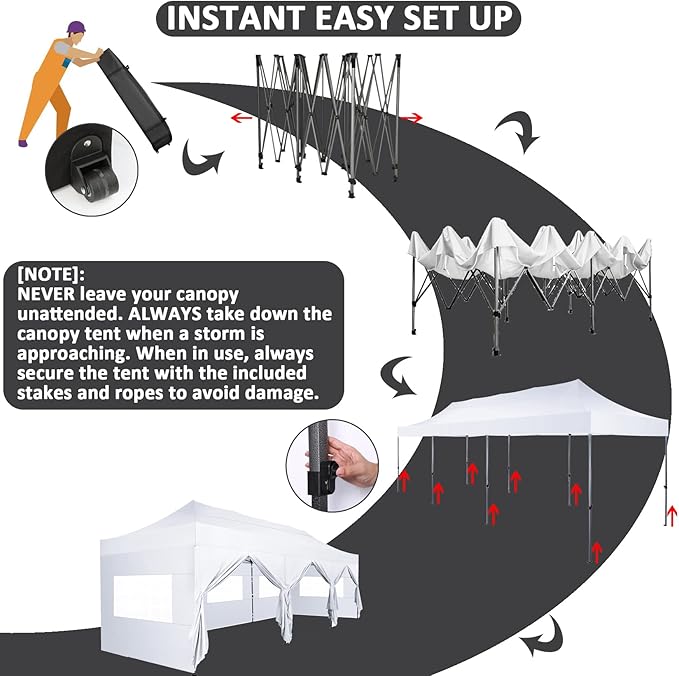COBIZI 10x30 Pop Up Canopy with 8 Sidewall,Heavy Duty UPF 50+ All Season Wind Waterproof Commercial Outdoor Wedding Party Tents for Parties Canopy Gazebo with Roller Bag(10 x 30 ft White)