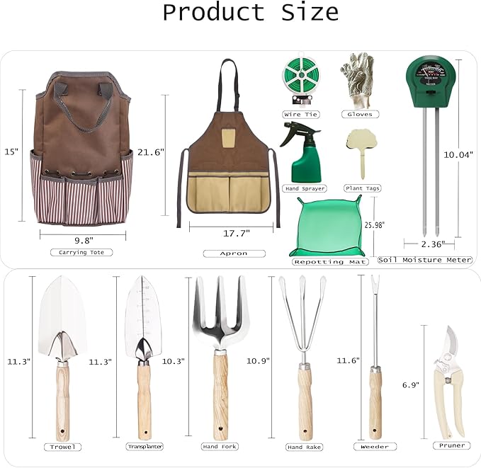 14 PCS Garden Tool Set with Soil Moisture Meter, Stainless Stell Heavy Duty Gardening Hand Tools with Wood Handle, Tote Bag, Repotting Mat, Gardening Tool Set Ideal Gift for Women and Men