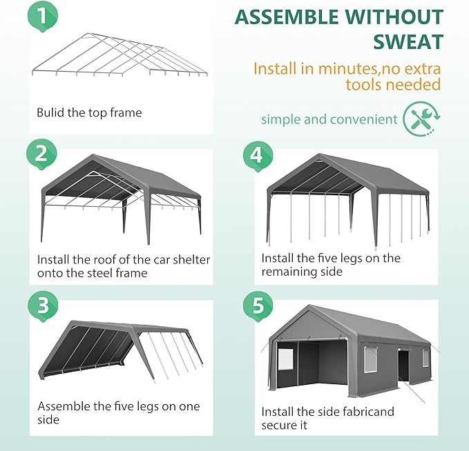 13x26 FT Canopy with 2 Roll-Up Doors,Waterproof Party Tent w/Steel Frame & Ventilation Windows,Carport & Storage Shelter for Vehicle,Car,Grey