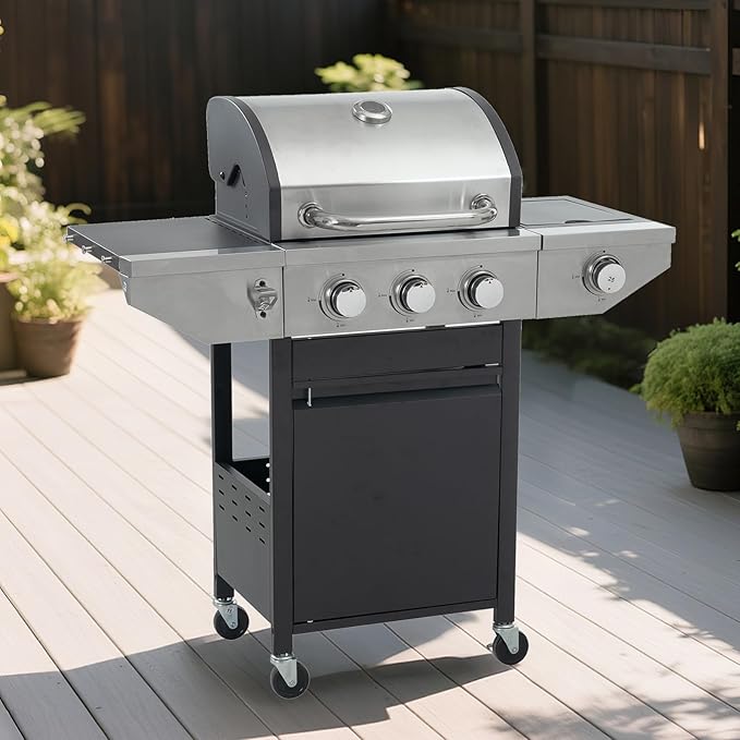Endark 3-burner propane gas grill | 37,000 BTU stainless steel with side-fire function | with enameled cast iron grate, thermometer and side stand wheels | great for patio and garden outdoor cooking