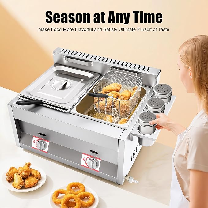 LYNICESHOP Stainless Steel Countertop Gas Fryer, Commercial LPG Gas Deep Fryer with 2 Basket Propane LPG Oil Frying Pot Kitchen Frying Machine Snack Fryer For French Fries Restaurant Home Kitchen