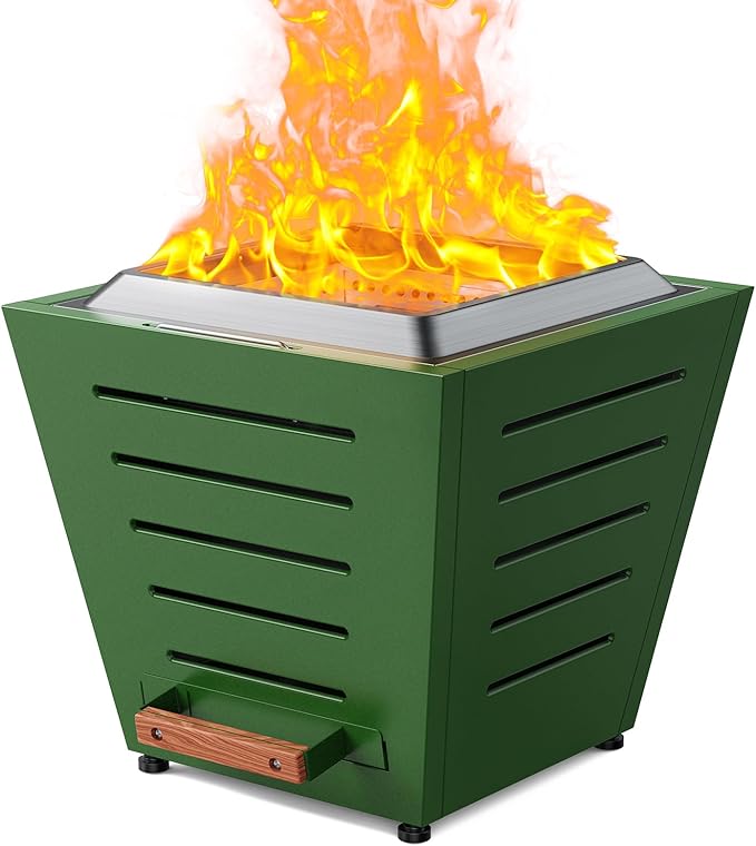 20 Inch Smokeless Fire Pit Stainless Steel Wood Burning Fireplace Portable Outdoor Fire Pit Patio Smokeless Firepit with Pull-Out Ash Tray and Handles, Green