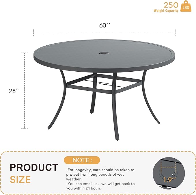 VICLLAX 60" Outdoor Round Patio Table for Lawn Garden, All Weather Metal Patio Dining Table with Adjustable Umbrella Hole, 8-10 Person, Grey