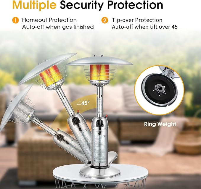 Tangkula Tabletop Propane Patio Heater, 11,000 BTU Portable Outdoor Heater W/Adjustable Flame, Simple Ignition System, Tipping-Over Protection, Ideal for Courtyard, Garden, Patio Restaurant (Silver)