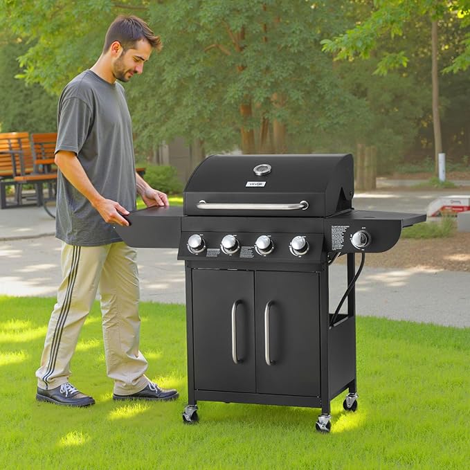 VEVOR Gas Grill, 4 Burner Propane Gas Grill with Side Burner, 425 SQ.In Grilling Area, Carbon Steel Enamel Grates, Outdoor 52,000 BTU Patio Garden BBQ Grills with Two Side Shelves, Carbon Steel