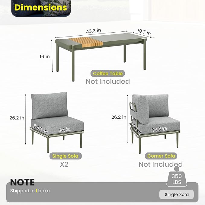 Sundale Outdoor 2 Pieces Patio Furniture Set, Metal Outdoor Sectional Sofa with 6 Inch Olefin Cushion, All-Weather Modern Outdoor Conversation Sets