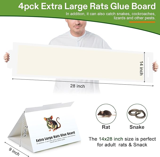Qualirey Extra Large Jumbo Rat & Mouse Glue Traps 4Pk, 28 x 14 Rat & Snakes Sticky Traps Indoor for Home, Non Toxic Pre Scented Adhesive Glue Boards for Mouse Rats Snake, Pet Safe Pest Control