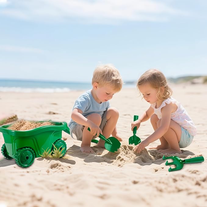 Duckura Kids Wheelbarrow Set - Gardening Tools for Kids with Shovel, Rake, Trowel, Outdoor Yard Lawn Digging Weed Toys, Valentine's Birthday Gifts for Boys Girls Age 2 3+Years Old(Green A)