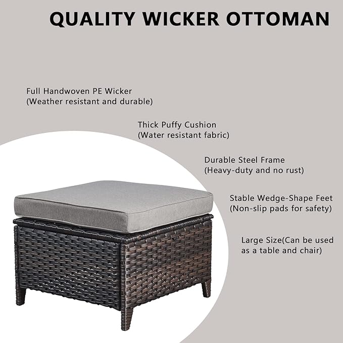 Rilyson Wicker Outdoor Patio Furniture Set - 5 Piece Patio Conversation Sets with Swivel Rocker Chairs, Ottomans and Sofa, 6 inch Cushions, Waterproof Wicker, for Porch Deck Brown/Grey