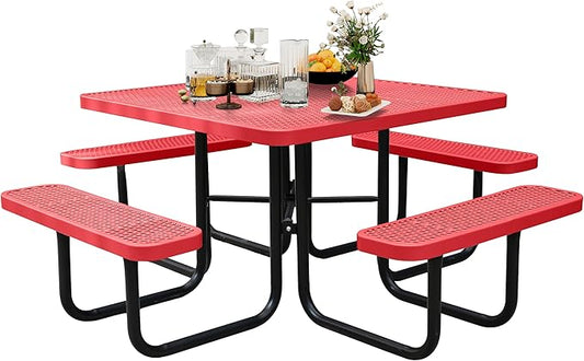 46Inch Square Picnic Table for 8 Person, Outdoor Heavy Duty Sturdy Picnic Tables with 4 Benches & Umbrella Hole, Commercial Metal Patio Picnic Table for Garden, BBQ, Coffee Store, Party, Porch (Red)