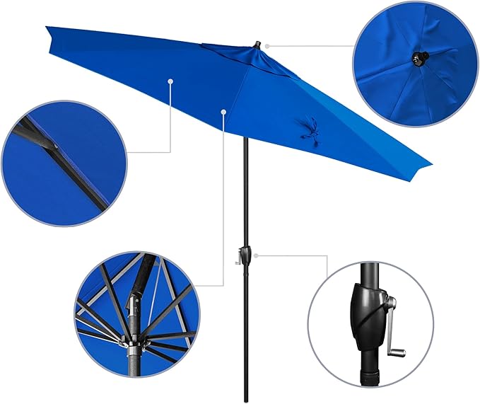 California Umbrella 9' Rd Aluminum Patio Umbrella, Crank Lift, Auto Tilt, Black Finish, Sunbrella Pacific Blue
