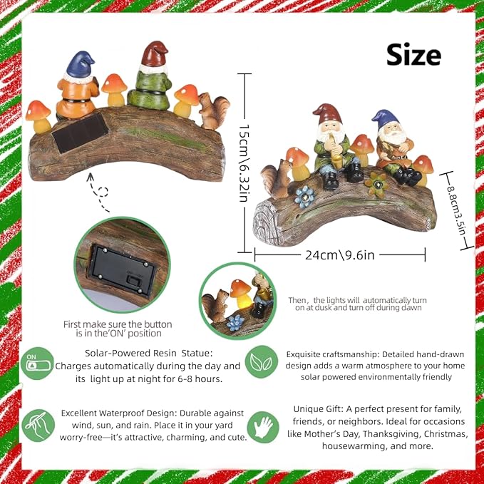 Jy.Cozy Funny Garden Gnome Statue Solar Powered Mushroom Figurine with Squirrel Gnome Durable Resin Outdoor Decoration for Patio Yard Lawn Ornament Housewarming Gift