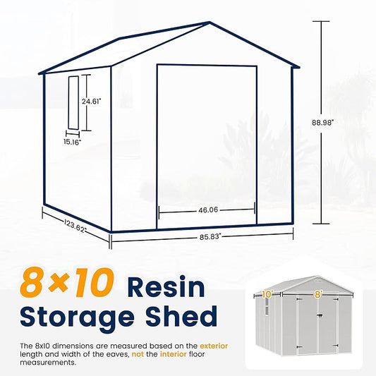 UDPATIO Resin Storage Shed 8 x 10 FT, Outdoor Garden Sheds with Floor Plastic Patio Outdoor Storage with Lockable Door for Bike, Garbage Sandstone