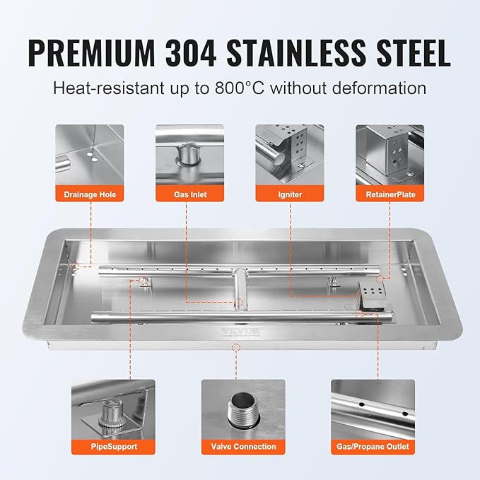 VEVOR 36 x 12 inch Drop-in Fire Pit Pan, Rectangular Stainless Steel Fire Pit Burner Kit, Propane Fire Pan 150,000 BTU with H-Burner for Indoor or Outdoor Use