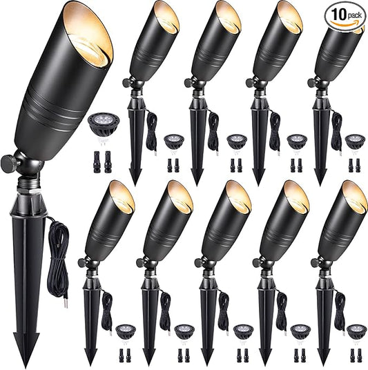 Gardenreet Low Voltage Spotlight LED - 12V Black Outdoor Light Fixture Weather Proof, Brass Landscape Lights Hardwired, Coastal for Flag Sign with Warm White MR16 Removable Bulbs (10 Pack)
