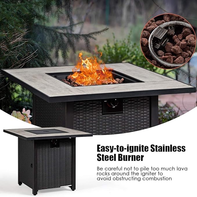 Giantex Propane Fire Pit Table, 30 inch 50,000 BTU Square Gas Firepits w/Ceramic Tabletop, Emboss Gas Heater w/Lava Rock, Waterproof Cover, ETL and CSA Certification for Outside(Black & Gray)