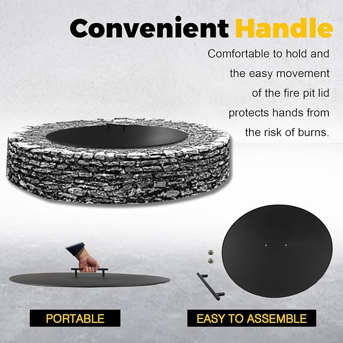 34" Fire Pit Cover Lid Round Outdoor Fireplace Cover Lid Heat Resistant Flat Fire Pit Burner Pan Cover for Round Patio Fire Pit Prevent Sparks, Snuff Campfire