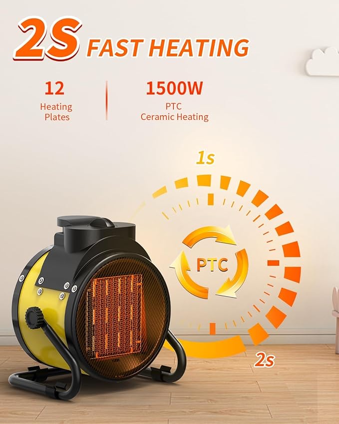 Buyplus Electric Space Heater - Outdoor Heater with Super Long Cord, Overheat Protection, Heaters Heat Up in 2 Seconds, 3 Modes, Small Fan Heater Tent Ceramic Space Heater for Patio, Yellow
