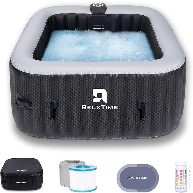 Inflatable Hot Tub 2-3 Person 110 Air Jets, Portable Blow Up Hottub with Cover, Built in Heater Pump, Square Outdoor Spa, Cup Holder, 2 Filters, Black