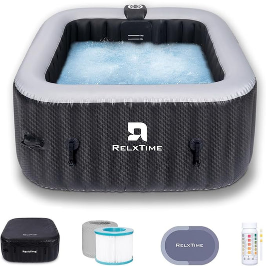 Inflatable Hot Tub 2-3 Person 110 Air Jets, Portable Blow Up Hottub with Cover, Built in Heater Pump, Square Outdoor Spa, Cup Holder, 2 Filters, Black