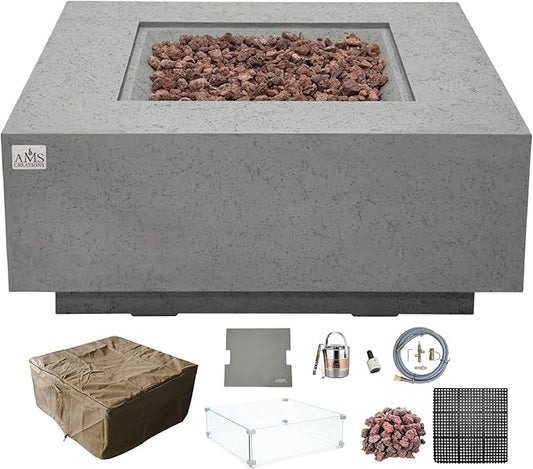 AMS Creations | Brooklyn 40" Bundle Square Natural Gas Outdoor Fire Pit Table | Light Gray Concrete GFRC | Limestone Texture Surface Fire Pit Table