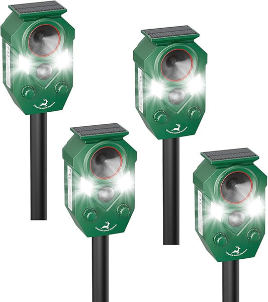 4 Pack Ultrasonic Deer Repellent Devices Outdoor, Solar Animal Repellent Outdoor for Yard Garden Rabbit Repellent Device Effective Repel Cat, Dog, Squirrel, Deer, Raccoon, Rabbit, and Skunk